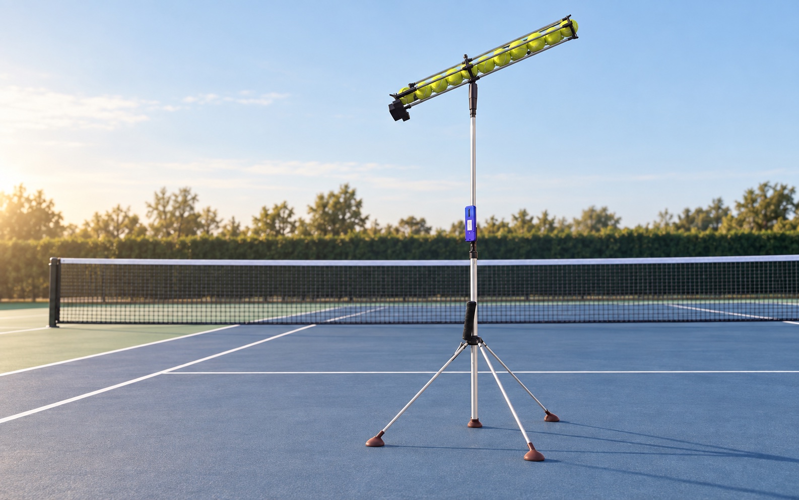 Full TenXPulse prototype standing alone on an empty tennis court